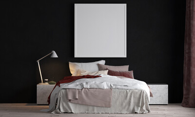 The beautiful modern mock up and interior of bedroom and black wall texture background/3D rendering