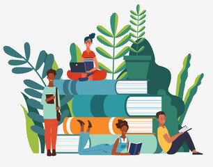 Young people group reading books. Study, learning knowledge and education vector concept