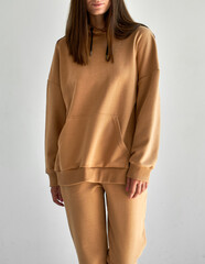 basic monotone beige cotton costume with long sleeve hoodie