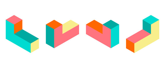 Dimension 3D retro puzzle figures colorful game blocks. 