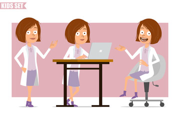 Cartoon flat funny little scientist doctor girl character in white uniform. Kid working on laptop and posing for photo. Ready for animation. Isolated on pink background. Vector set.