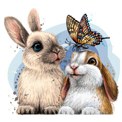 Kleine konijnen met een vlinder. Muursticker. Kleur, artistiek portret van twee schattige kleine konijnen met een vlinder in aquarelstijl op een witte achtergrond. Digitale vectortekening