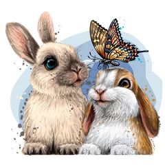 Fotobehang Schattige konijntjes Kleine konijnen met een vlinder. Muursticker. Kleur, artistiek portret van twee schattige kleine konijnen met een vlinder in aquarelstijl op een witte achtergrond. Digitale vectortekening