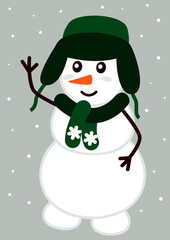 Snowman in warm green hat with ear flaps and knitted scarf - funny character for winter holiday design for Christmas and New Year