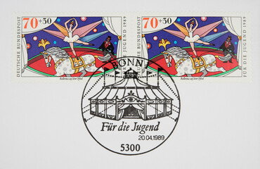 briefmarke stamp gestempelt used frankiert cancel vintage retro alt old zirkus circus pferd...