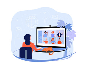 Online lerning, online conference concept, listening and recording audio podcast. Worker using computer for collective virtual meeting, group video conference. Woman at desktop chatting with friends