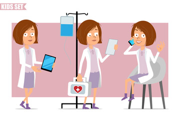 Cartoon flat funny little scientist doctor girl character in white uniform. Kid talking on phone, carrying first aid kit and reading note. Ready for animation. Isolated on pink background. Vector set.