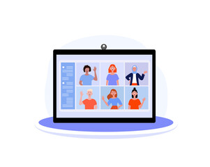 Worker using computer for collective virtual meeting and group video conference.