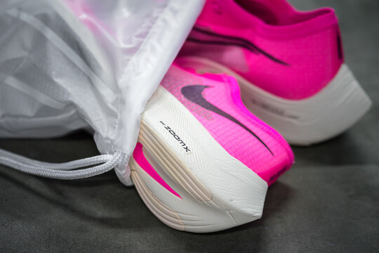 Bangkok / Thailand - October 2019 : Nike launch "ZoomX Vaporfly Next%" in new pink color. This is elite class running shoe weared by Eliud Kipchoge and his team to break record in INEOS project.