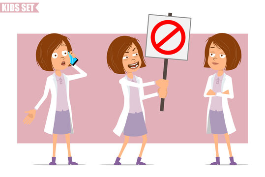 Cartoon flat funny little scientist doctor girl character in white uniform. Kid talking on phone and holding no entry stop sign. Ready for animation. Isolated on pink background. Vector set.