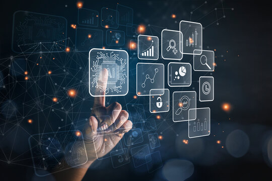 Touch your hand on a virtual screen Ai processes a networked business marketing investment plan.