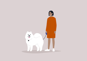 A young female character holding a fluffy Samoyed puppy on a leash, walking a dog scene