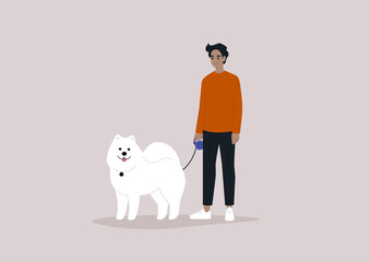A young male character holding a fluffy Samoyed puppy on a leash, walking a dog scene
