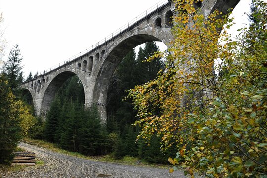 Das  Eisenbahnviadukt der sogenannten Max und Moritz Bahn im Finsteren Grund zwischen Ernstthal und Lichte - Die stillgelegte Bahnlinie wird  touristisch f&uuml;r Fahrten mit der Draisine  genutzt.