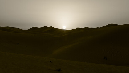 Fototapeta na wymiar sepia landscape sunset in the desert as you can the sun setting on the horizon right over the dunes 