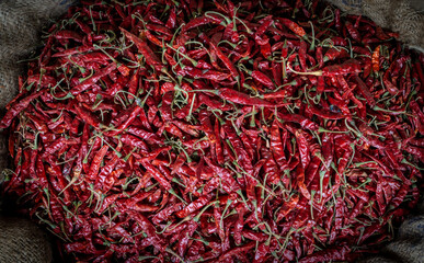 many red hot spice chili pepper  on a market in a big container, closeup 