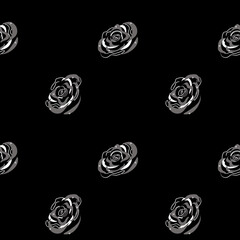 Floral seamless vector pattern with gray flowers roses. Black art continuous illustration.