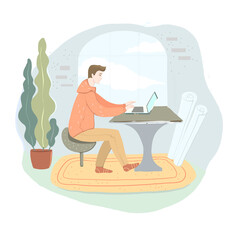 Office work and remote work, freelance. Young man working on computer. Vector illustration in flat cartoon style.