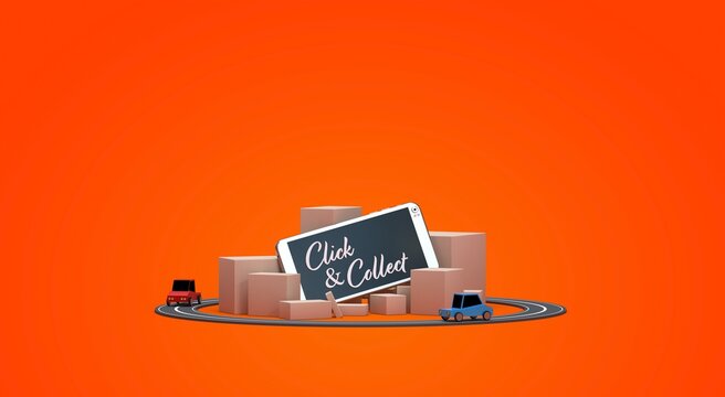 Illustration Pour Le Click And Collect, Smartphone Et Cartons	