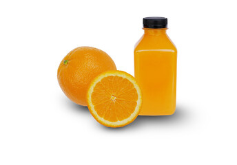  Half of oranges and a bottle of orange juice on  white background
