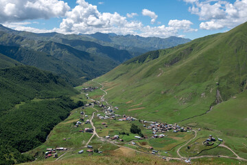 Bird eye view on Ushguli community, Upper Svaneti, Georgia. Authentic and traditional architecture...