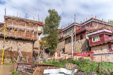 The view of traditional old small tibetan remote village and family house on Tibet