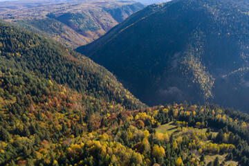 Fototapeta na wymiar Aerial autumn countryside landscape in the mountains