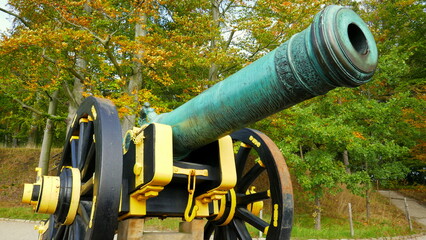 alte schwere Kanone am Waldrand auf der Festung Königstein in Sachsen im Elbsandsteingebirge