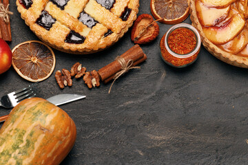 Berry tart pie and apple tart pie on black background