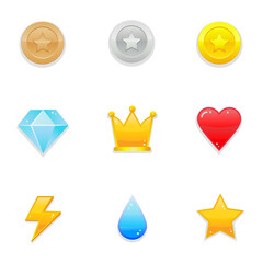 Game pack elements  - user interface vector icons. Gems, coins, trophies etc.
