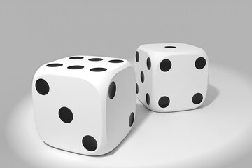 Illustration of two 3d, white game dice on a white background.
