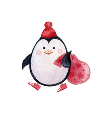 Cute penguin dressed in red knitted hat holding bag with gifts. Watercolor illustration isolated on White. 