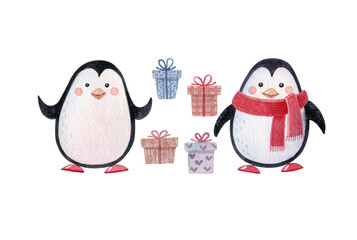 Cute penguins and gift boxes. Watercolor illustration isolated on White. 
