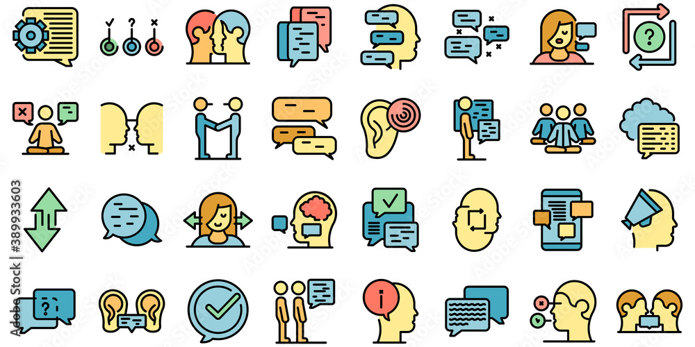 Poster discussion icons set. outline set of discussion vector icons thin line color flat on white