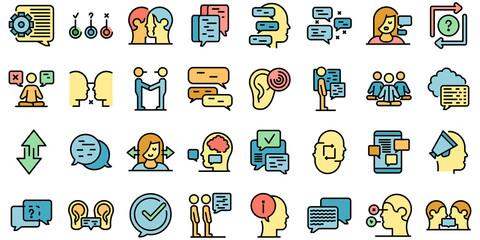 Discussion icons set. Outline set of discussion vector icons thin line color flat on white