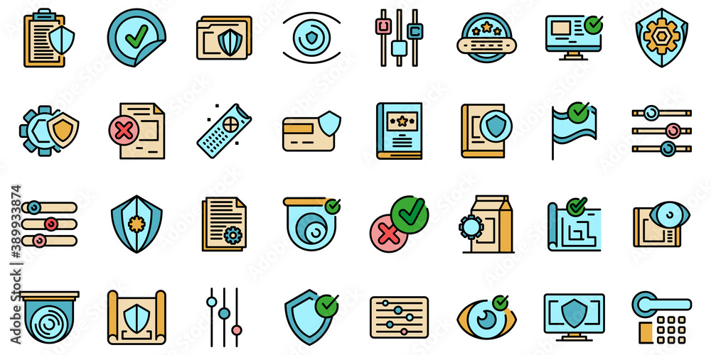 Poster control icons set. outline set of control vector icons thin line color flat on white