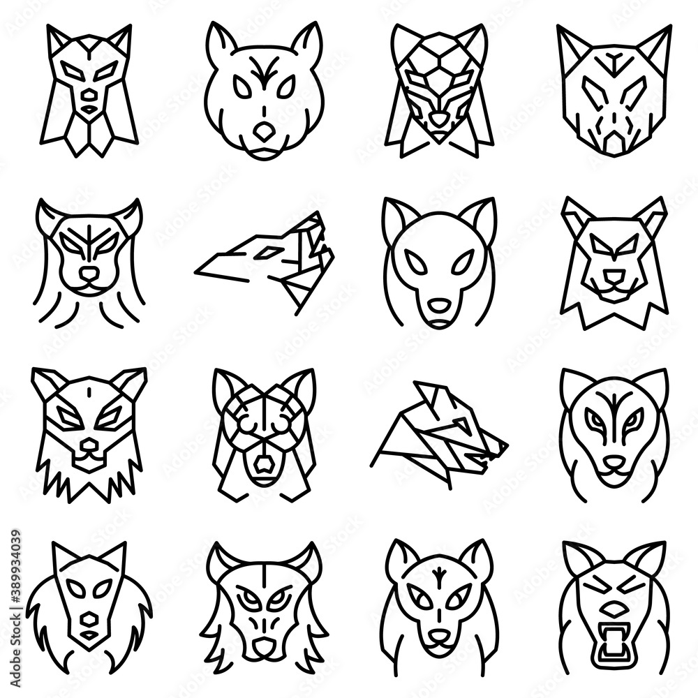 Poster wolf icons set. outline set of wolf vector icons for web design isolated on white background