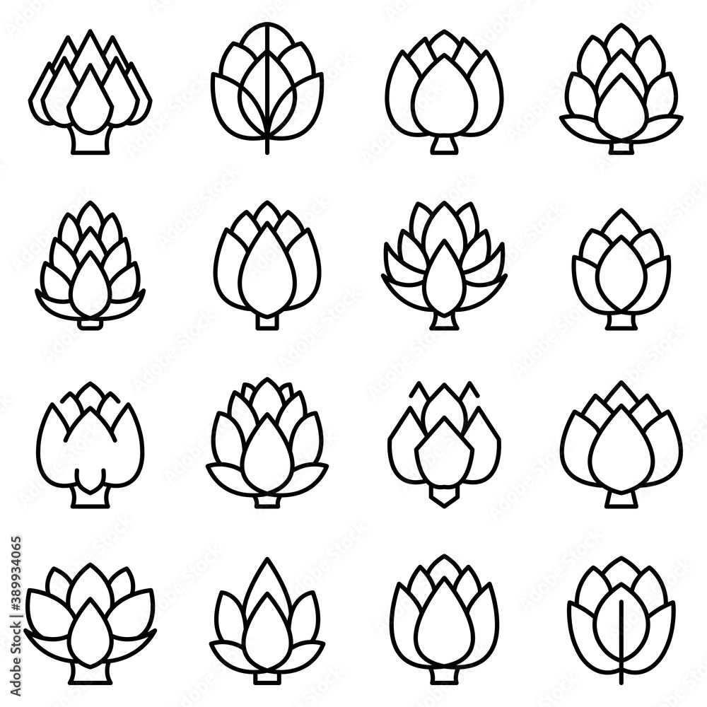 Poster artichoke icons set. outline set of artichoke vector icons for web design isolated on white backgrou