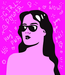 Stylish woman in sunglasses on pink background. Girl power, feminism issues, conceptual minimal illustration.