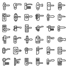 Door handles icons set. Outline set of door handles vector icons for web design isolated on white background