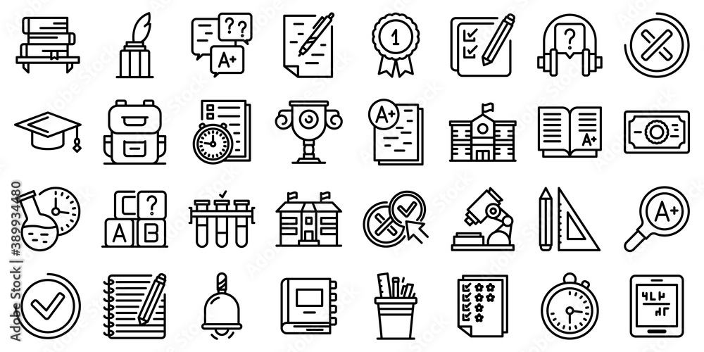 Poster school test icons set. outline set of school test vector icons for web design isolated on white back