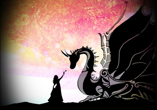 Princess and her dragon cartoon characters in the real world silhouette art photo manipulation
