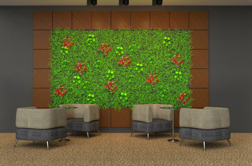 sitting area in front of the plant wall