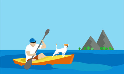 Obraz na płótnie Canvas A rower and dog on kayak. Blue sea and mountains on the horizon