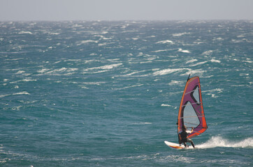 Windsurfer sailing in the coast of Arinaga. Aguimes. Gran Canaria. Canary Islands. Spain.