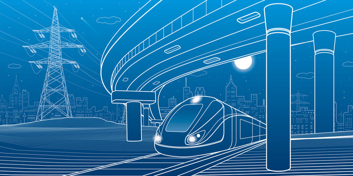 City scene. Automobile bridge, overpass. Train rides. Night city at background. Electric transport. Outline vector infrastructure illustration