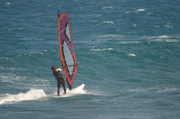 Windsurfer sailing in the coast of Arinaga. Aguimes. Gran Canaria. Canary Islands. Spain.