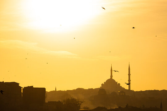 Fatih Mosque at sunset from Eminonu. Ramadan at Istanbul. Ramadan background. Islamic background photo. 