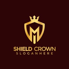 Gold Letter M Shield Crown modern logo design vector Illustration