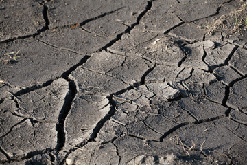 Cracked ground. Cracks in dry ground. Drought concept, dry weather. Scorched earth, global warming concept, no water, lack of moisture.